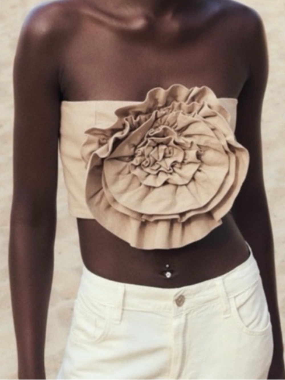 Beige Floral-Rosette Linen Tube Top